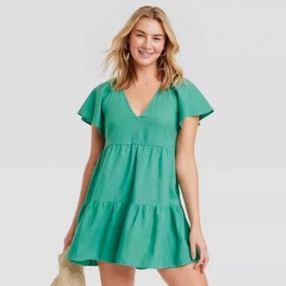 Universal Thread Dresses & Skirts - Women's Flutter Short Sleeve Mini Skater Dress S Green Linen Universal Thread